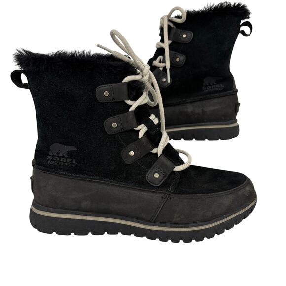 Sorel Shoes - Sorel Cozy Joan Boots Size 7.5 Black Leather Nubuck Faux Fur Lace Up Waterproof